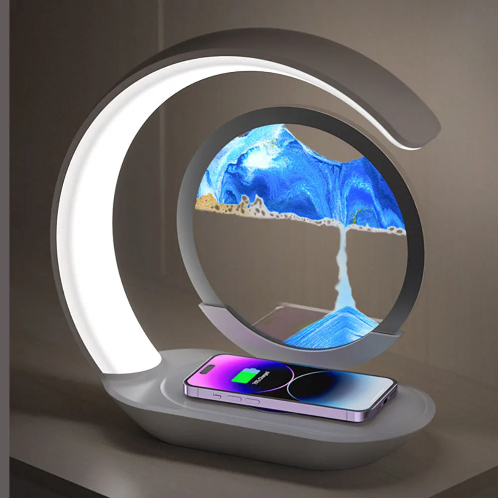 Quicksand Table Lamp – USB Wireless Charging 3D Hourglass Sand Painting Night Light for Office & Home