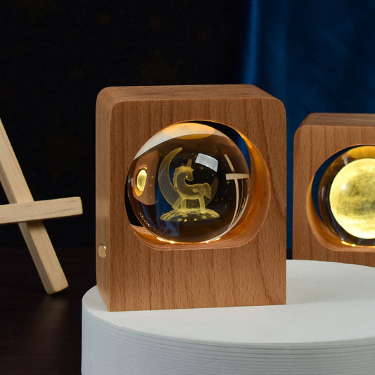 Beech Crystal Ball Night Light – 3D Laser Engraved LED Lamp with Elk & Jellyfish Design, USB Dimmable Bedroom Decoration Gift